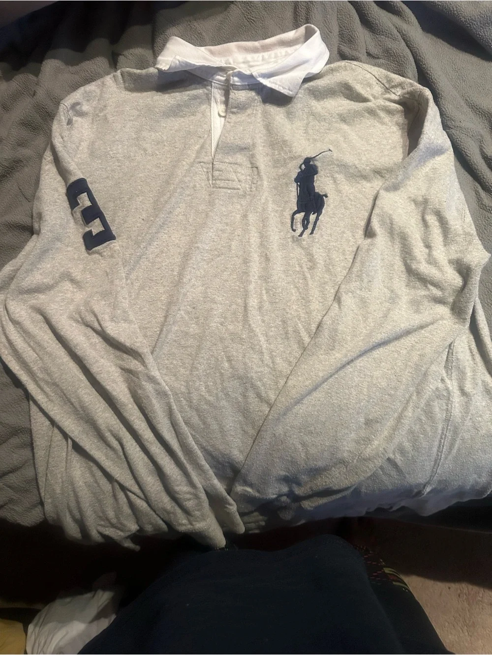 Ralph Lauren Light Gray Long-Sleeve Polo with White Collar and Navy Logo